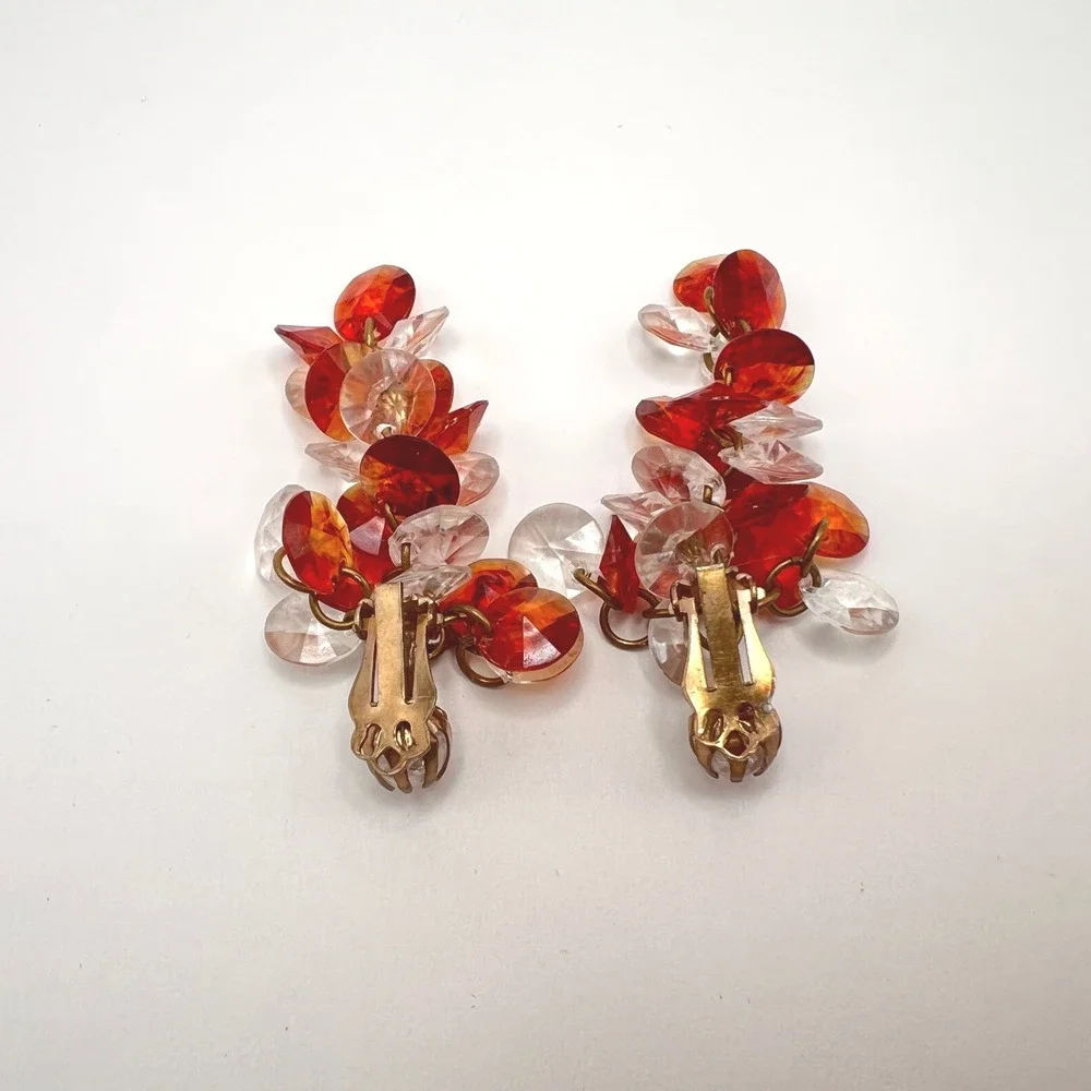Vintage Lucite Cluster Clip On Earrings‎ Amber Orange Clear Faceted MCM Retro